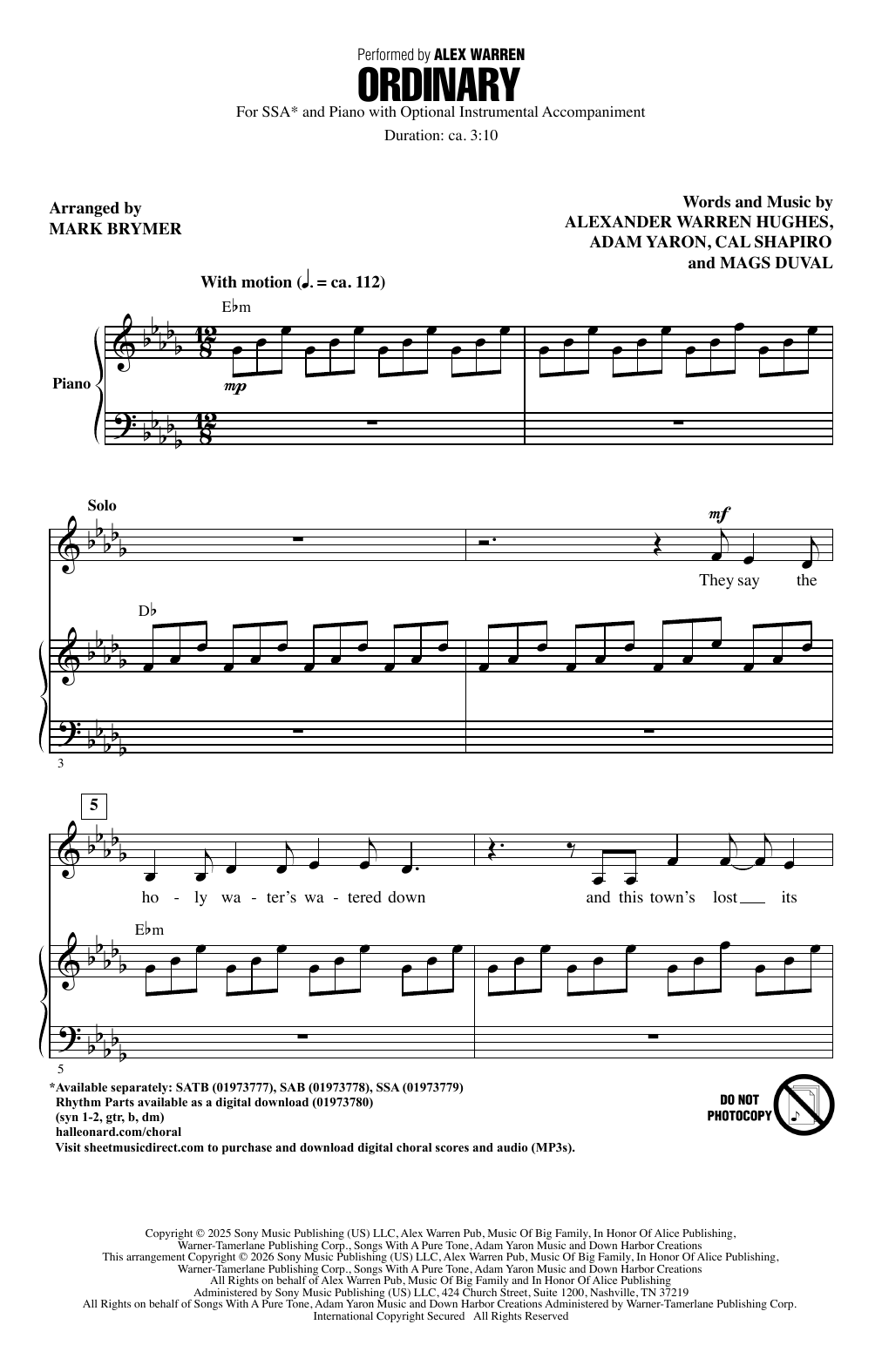 Alex Warren Ordinary (arr. Mark Brymer) Sheet Music Notes & Chords for SSA Choir - Download or Print PDF