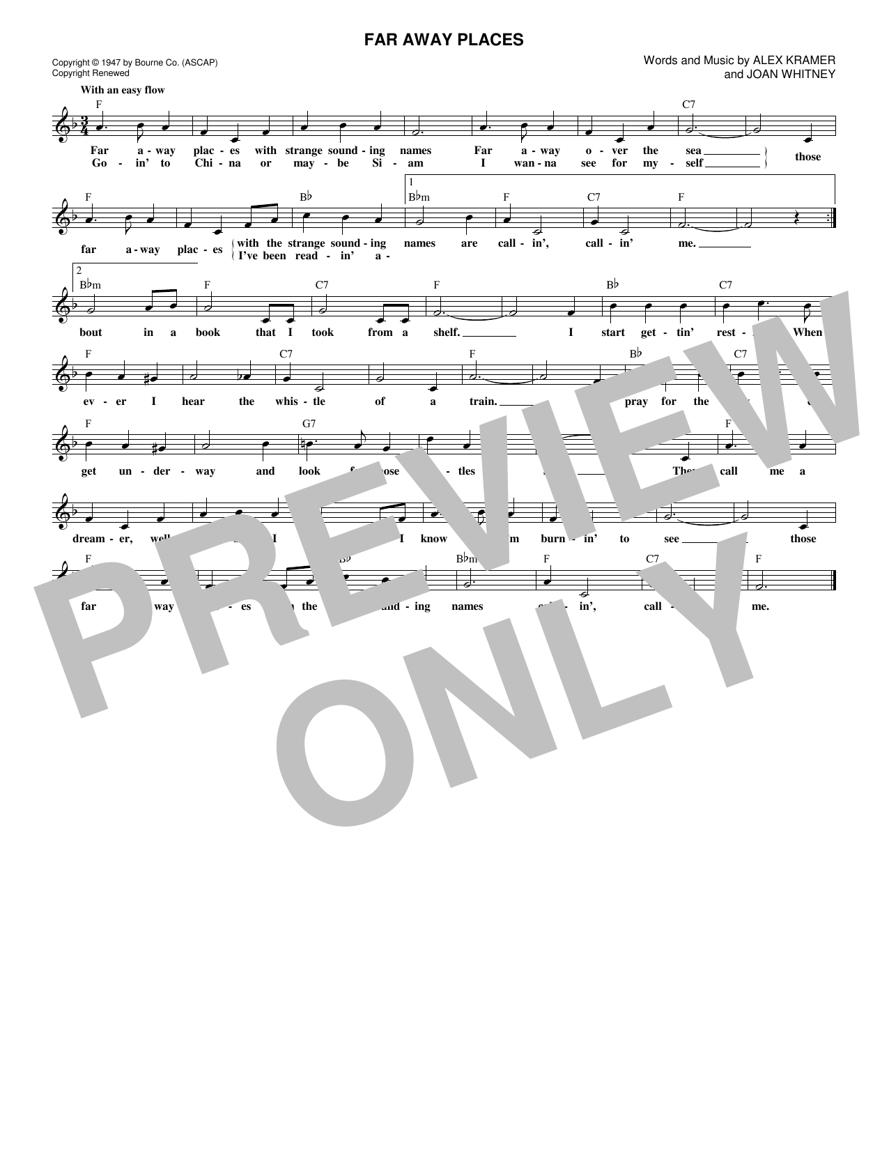 Preview Alex Kramer Far Away Places Folk sheet music, notes and chords for Melody Line, Lyrics & Chords, SKU: 250740 Far Away Places sheet music