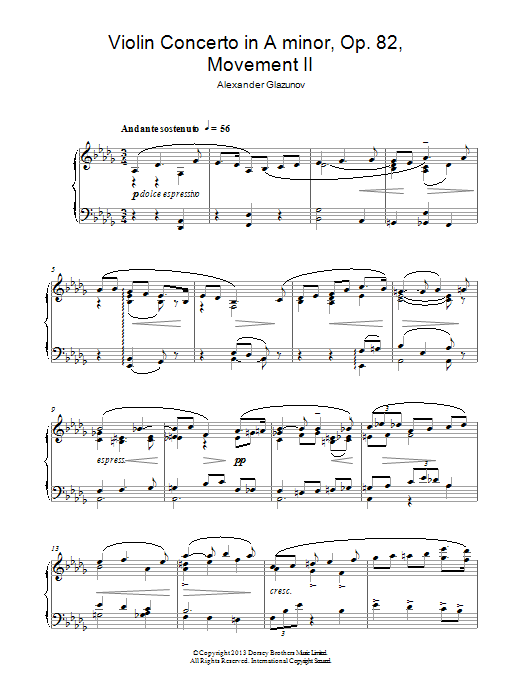 Alexander Glazunov Violin Concerto In A Minor Op. 82, 2nd Movement 'Andante Sostenuto' Sheet Music Notes & Chords for Piano - Download or Print PDF