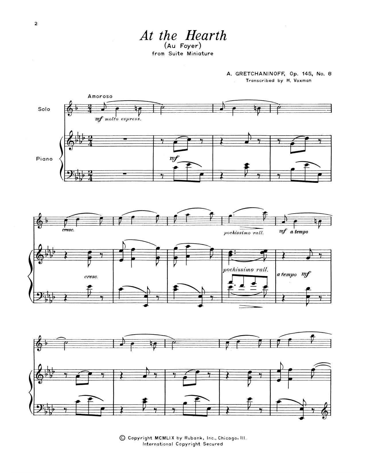Alexander Gretchaninoff At The Hearth Sheet Music Notes & Chords for Alto Sax and Piano - Download or Print PDF