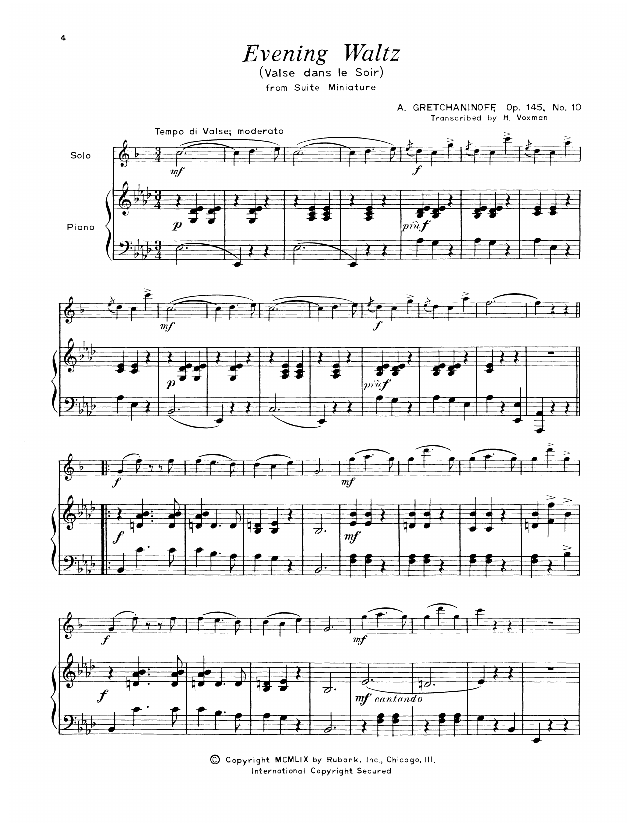 Alexander Gretchaninoff Evening Waltz Sheet Music Notes & Chords for Alto Sax and Piano - Download or Print PDF