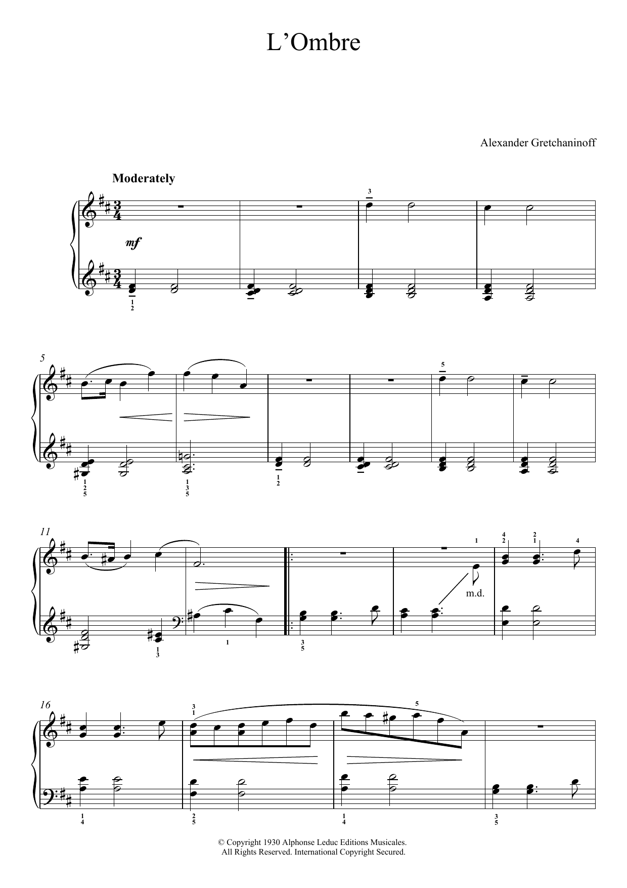 Alexander Gretchaninoff L'Ombre (No. 4 from 'Historiettes') Sheet Music Notes & Chords for Piano - Download or Print PDF