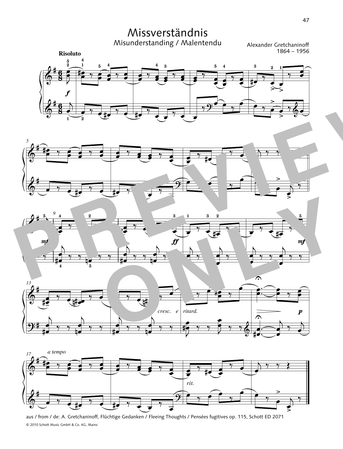 Alexander Gretchaninoff Misunderstanding Sheet Music Notes & Chords for Piano Solo - Download or Print PDF