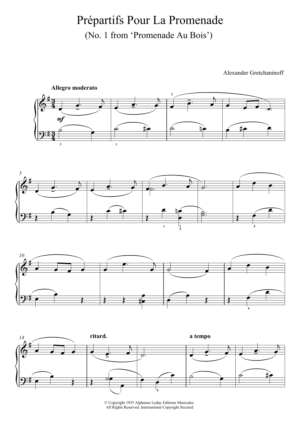 Alexander Gretchaninoff Prepartifs Pour La Promenade (No. 1 From 'Promenade Au Bois') Sheet Music Notes & Chords for Piano - Download or Print PDF