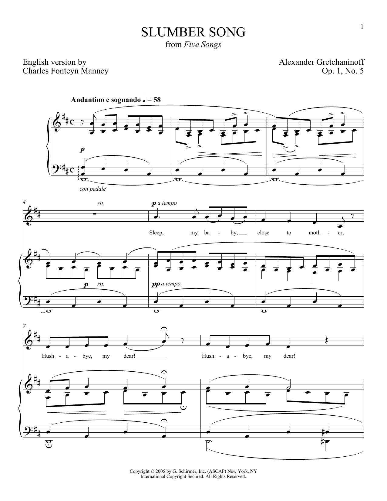 Alexander Gretchaninoff Slumber Song (Berceuse) Sheet Music Notes & Chords for Piano & Vocal - Download or Print PDF