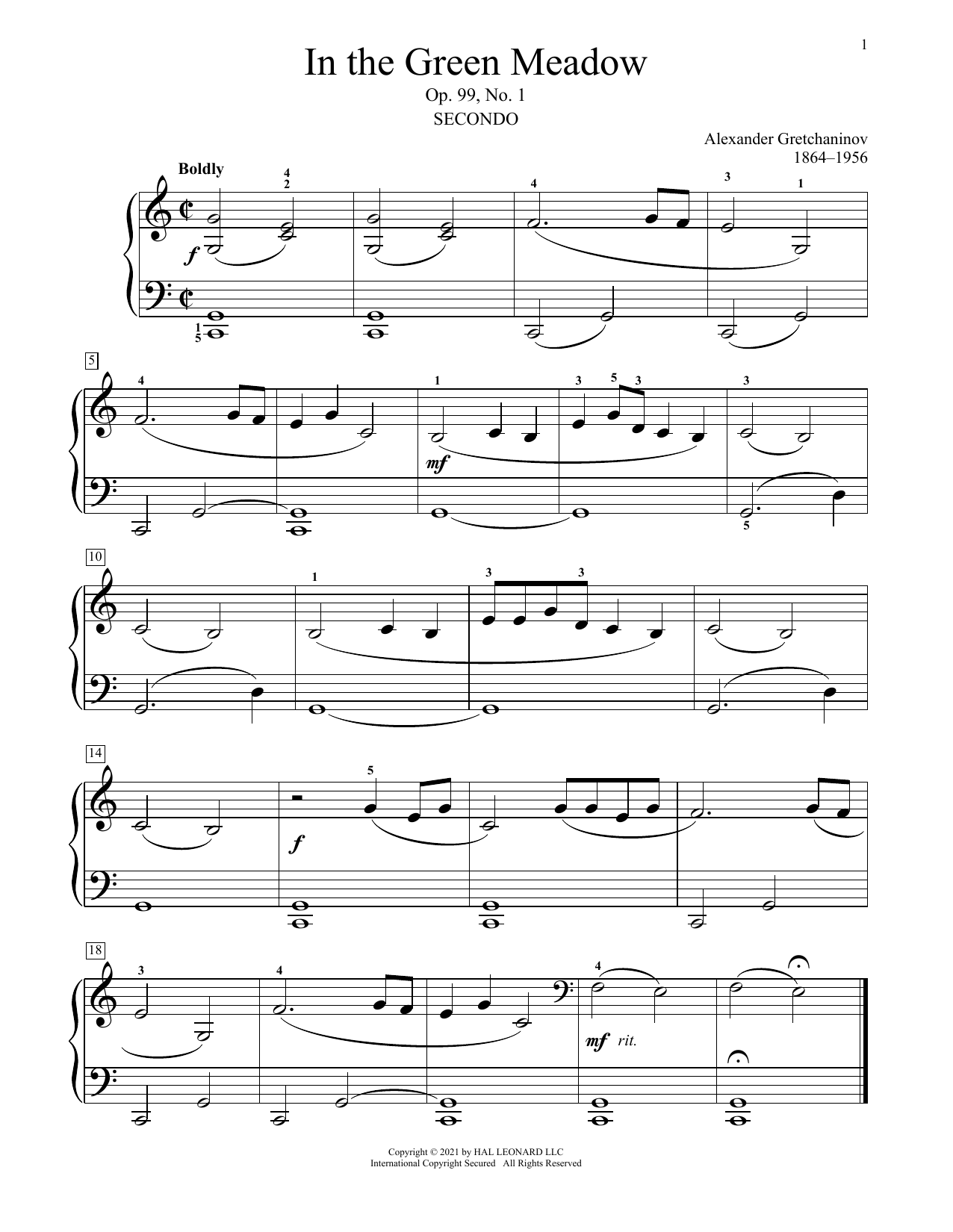 Alexander Gretchaninov In The Green Meadow, Op. 99, No. 1 Sheet Music Notes & Chords for Piano Duet - Download or Print PDF