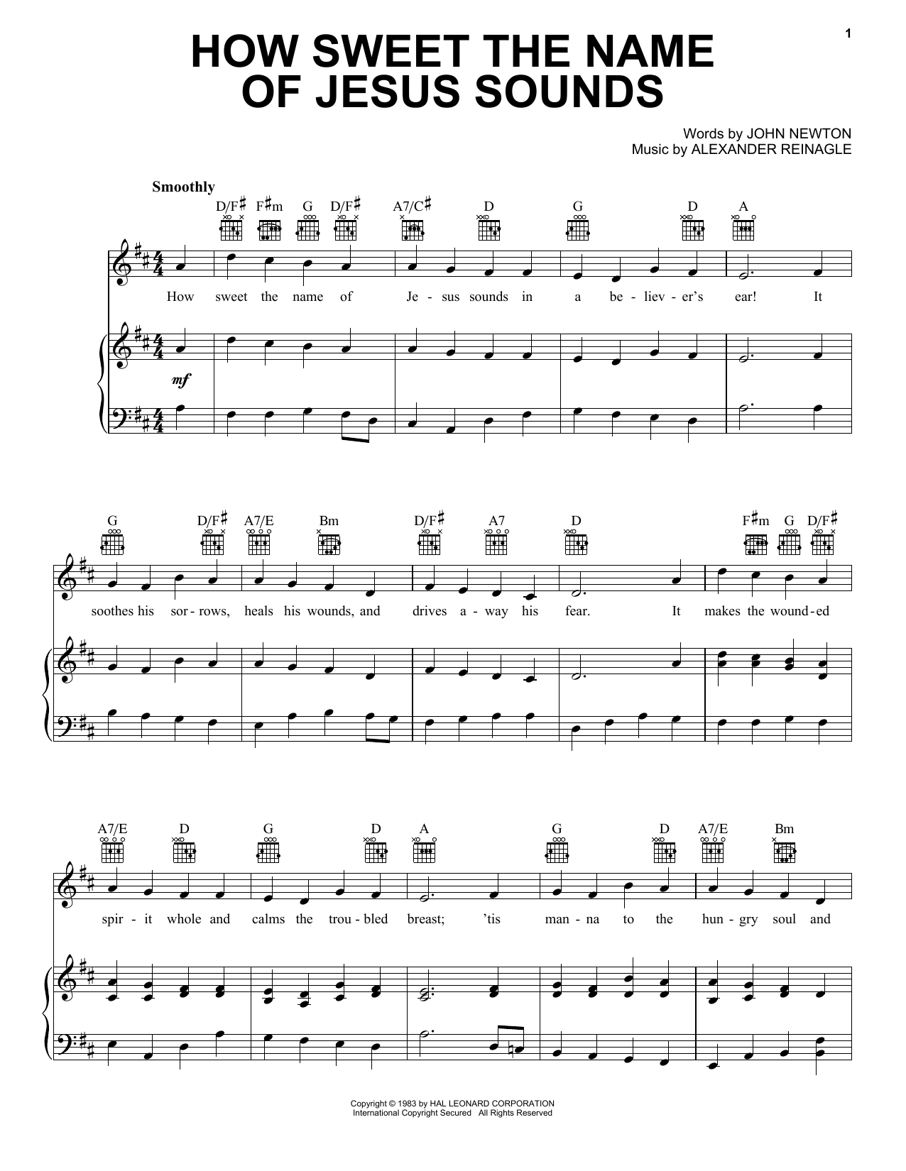 Alexander R. Reinagle How Sweet The Name Of Jesus Sounds Sheet Music Notes & Chords for Piano, Vocal & Guitar Chords (Right-Hand Melody) - Download or Print PDF
