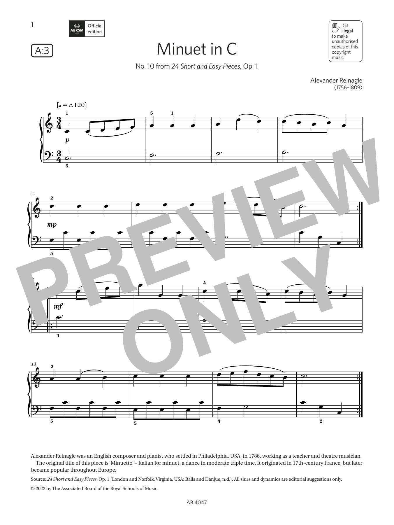 Alexander Reinagle Minuet in C (Grade 1, list A3, from the ABRSM Piano Syllabus 2023 & 2024) Sheet Music Notes & Chords for Piano Solo - Download or Print PDF