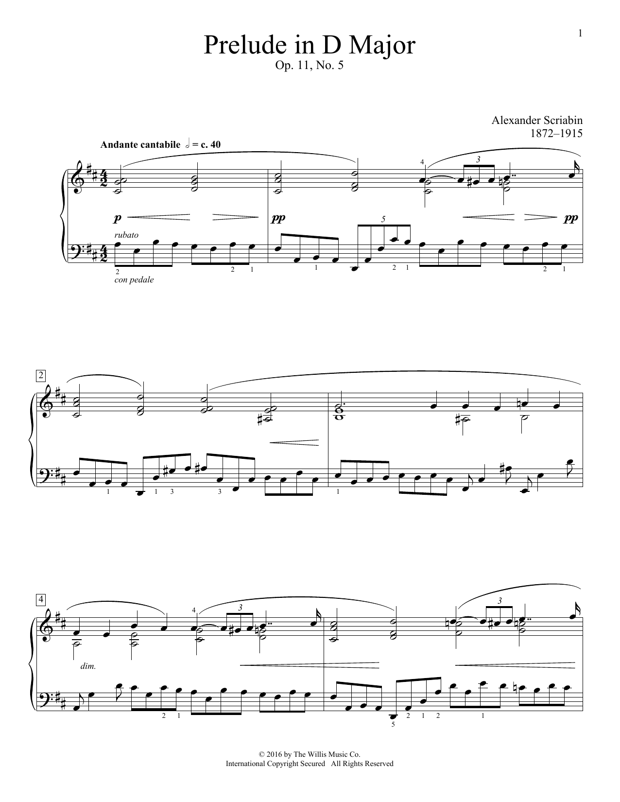 Alexander Scriabin Prelude In D Major, Op. 11, No. 5 Sheet Music Notes & Chords for Educational Piano - Download or Print PDF