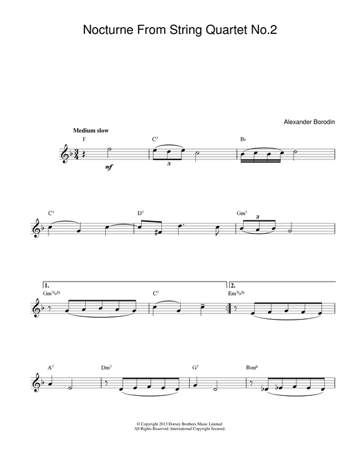 Preview Alexander Borodin Nocturne From String Quartet No.2 Classical sheet music, notes and chords for Melody Line & Chords, SKU: 14125 Nocturne From String Quartet No.2 sheet music