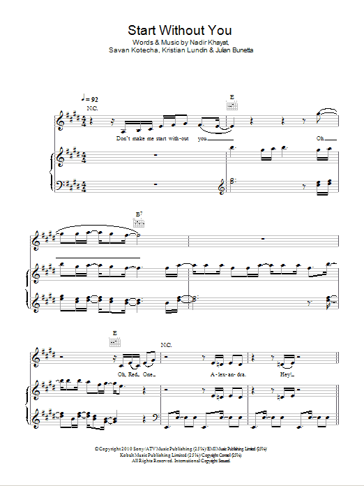 Alexandra Burke Start Without You Sheet Music Notes & Chords for Piano, Vocal & Guitar (Right-Hand Melody) - Download or Print PDF