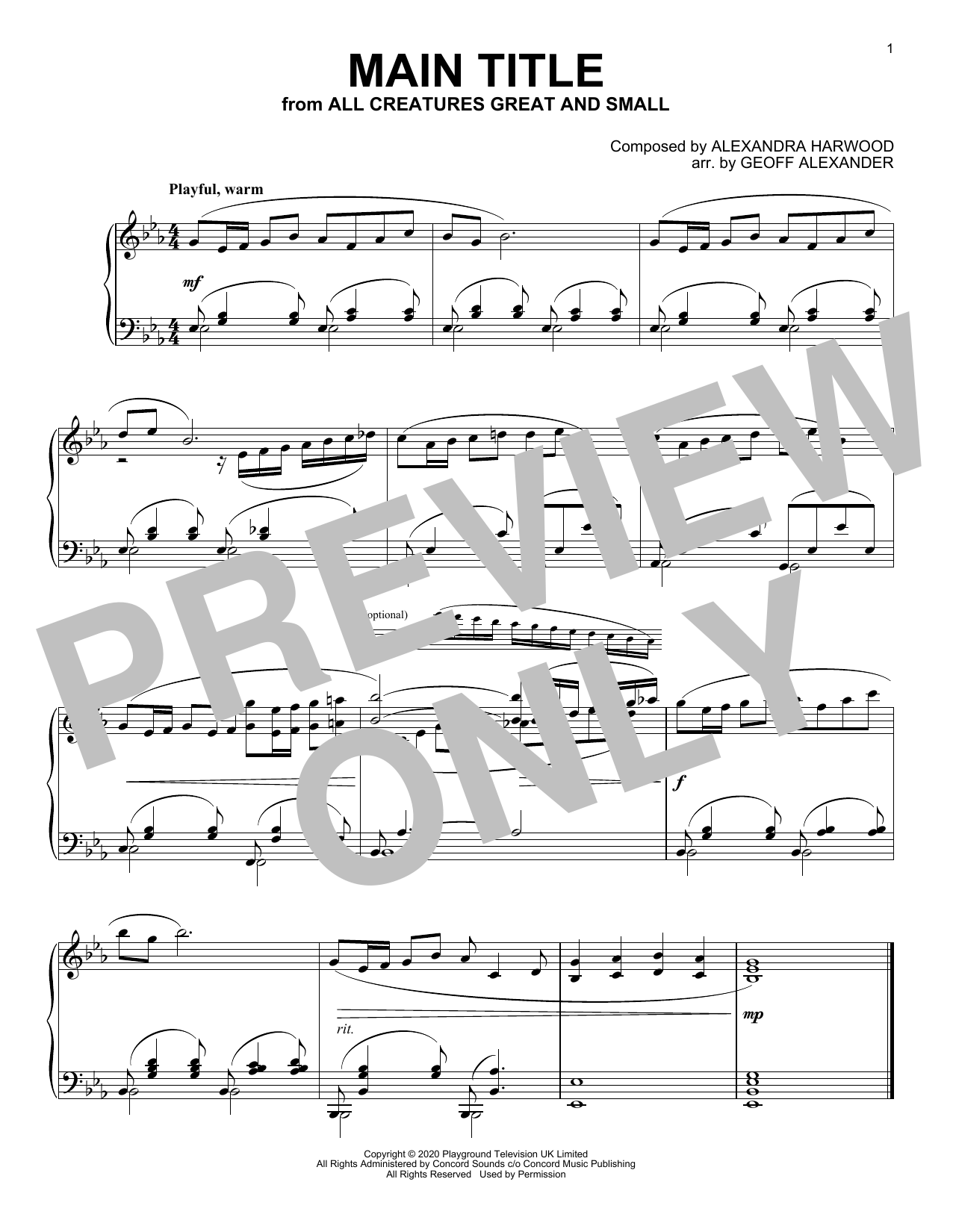 Alexandra Harwood All Creatures Great And Small (Main Title) Sheet Music Notes & Chords for Piano Solo - Download or Print PDF