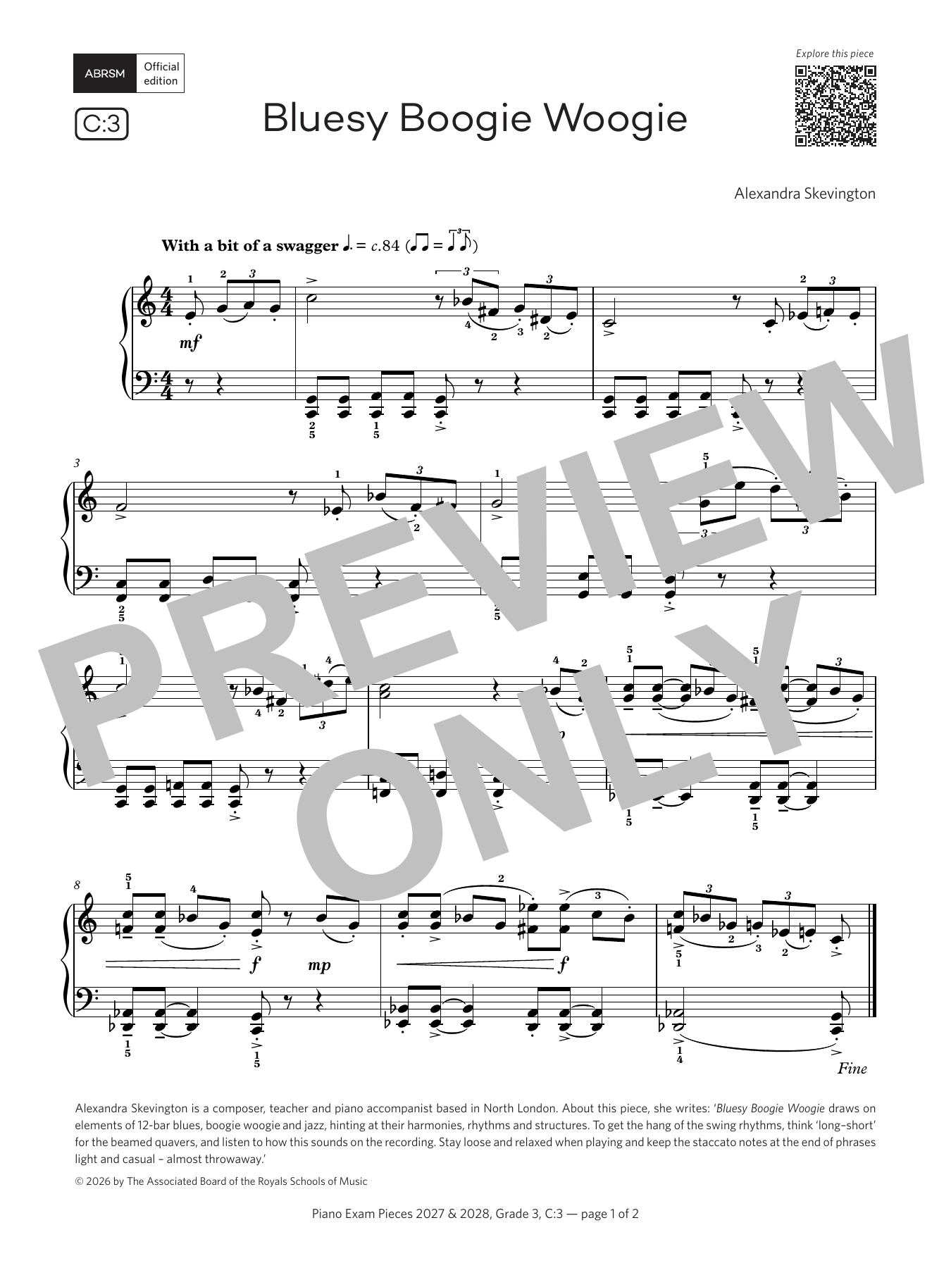 Alexandra Skevington Bluesy Boogie Woogie (Grade 3, list C3, from the ABRSM Piano Syllabus 2027 & 2028) Sheet Music Notes & Chords for Piano Solo - Download or Print PDF