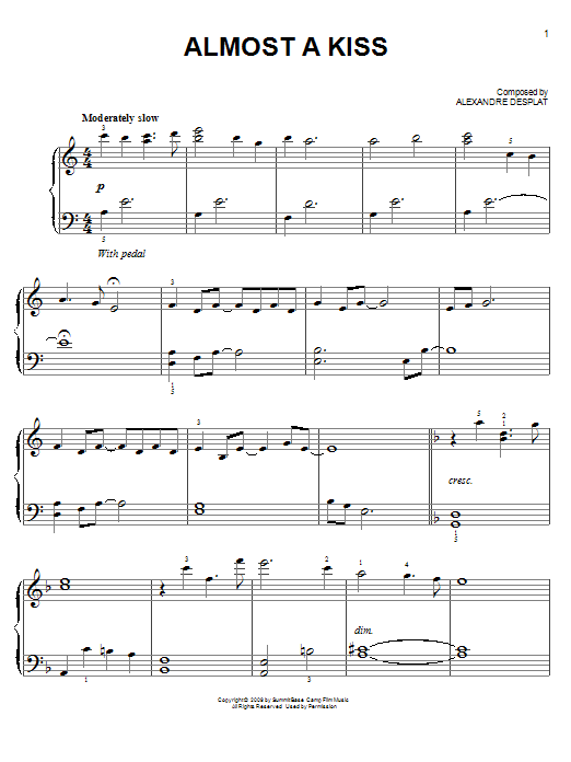 Alexandre Desplat Almost A Kiss (from The Twilight Saga: New Moon) Sheet Music Notes & Chords for Piano - Download or Print PDF