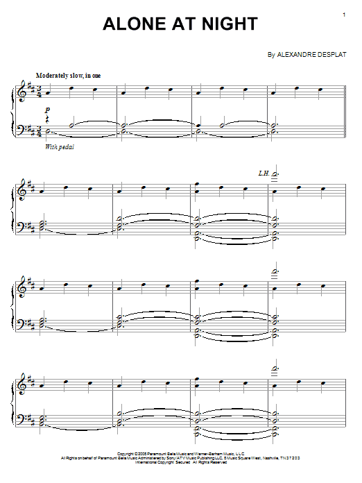 Alexandre Desplat Alone At Night Sheet Music Notes & Chords for Piano - Download or Print PDF