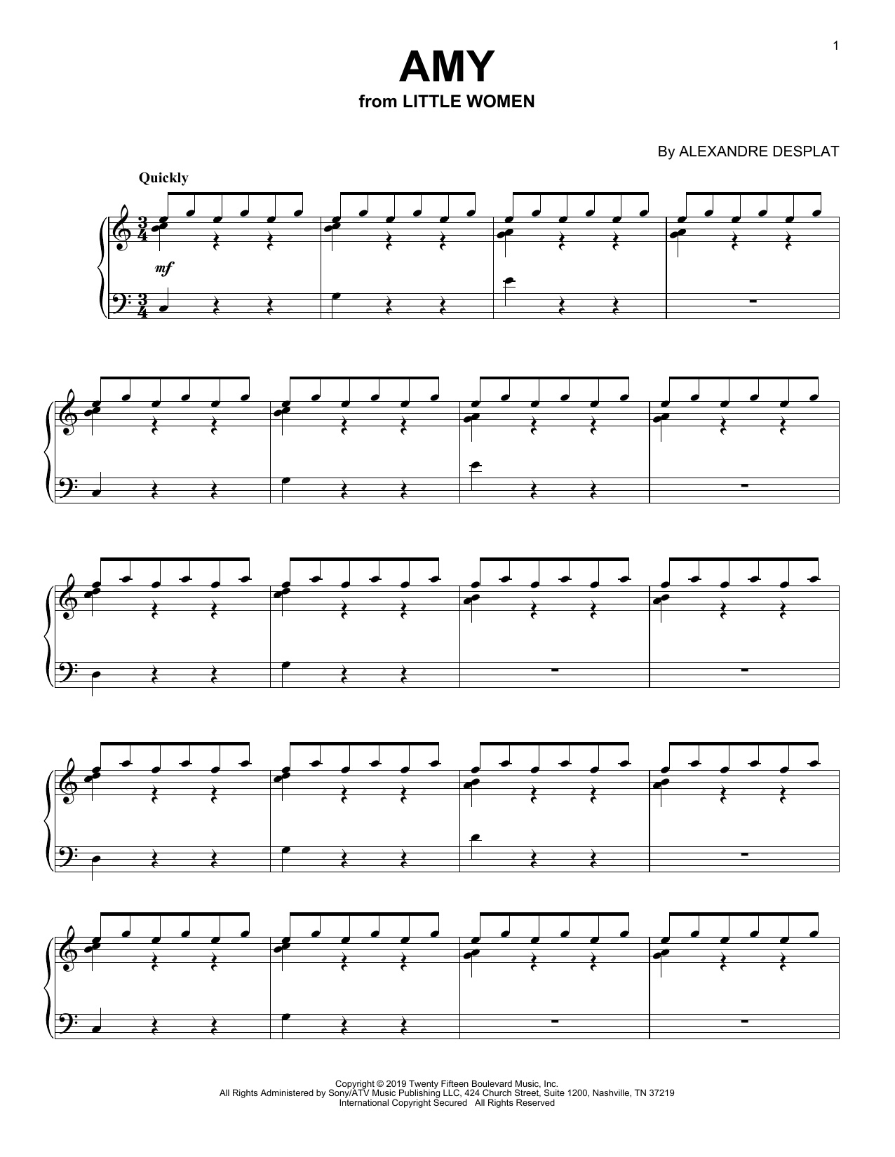 Alexandre Desplat Amy (from the Motion Picture Little Women) Sheet Music Notes & Chords for Piano Solo - Download or Print PDF