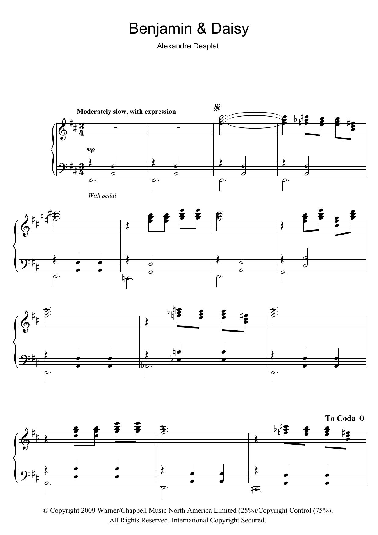 Alexandre Desplat Benjamin And Daisy (from The Curious Case Of Benjamin Button) Sheet Music Notes & Chords for Piano - Download or Print PDF