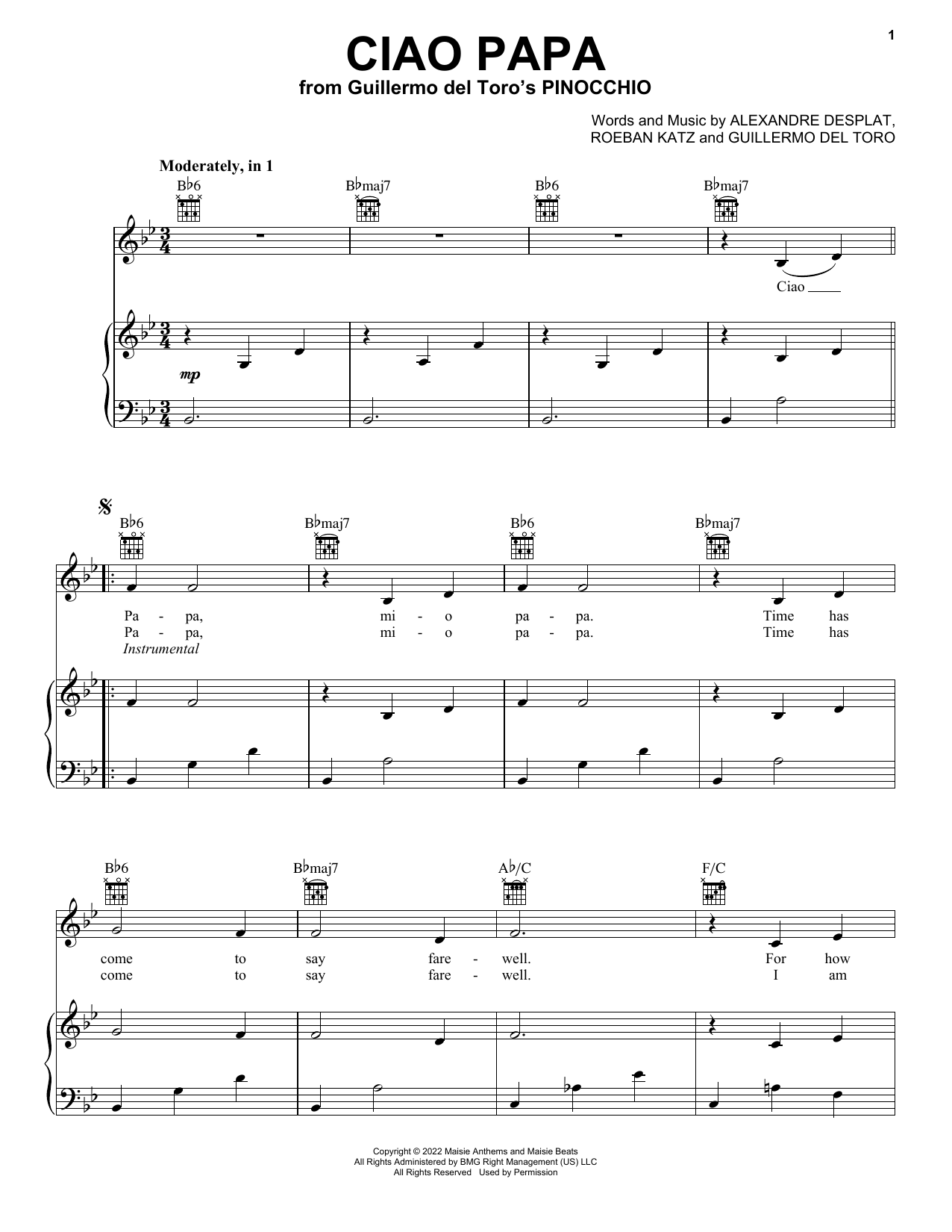 Alexandre Desplat Ciao Papa (from Guillermo del Toro's Pinocchio) Sheet Music Notes & Chords for Piano, Vocal & Guitar Chords (Right-Hand Melody) - Download or Print PDF