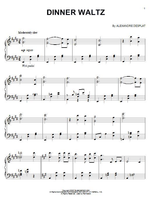 Alexandre Desplat Dinner Waltz Sheet Music Notes & Chords for Piano Solo - Download or Print PDF