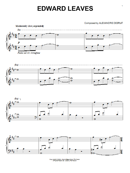 Alexandre Desplat Edward Leaves (from The Twilight Saga: New Moon) Sheet Music Notes & Chords for Piano - Download or Print PDF