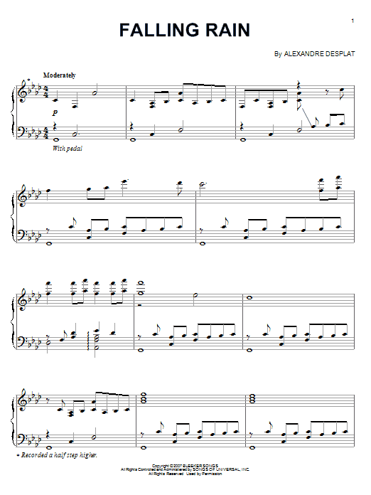 Alexandre Desplat Falling Rain Sheet Music Notes & Chords for Piano Solo - Download or Print PDF
