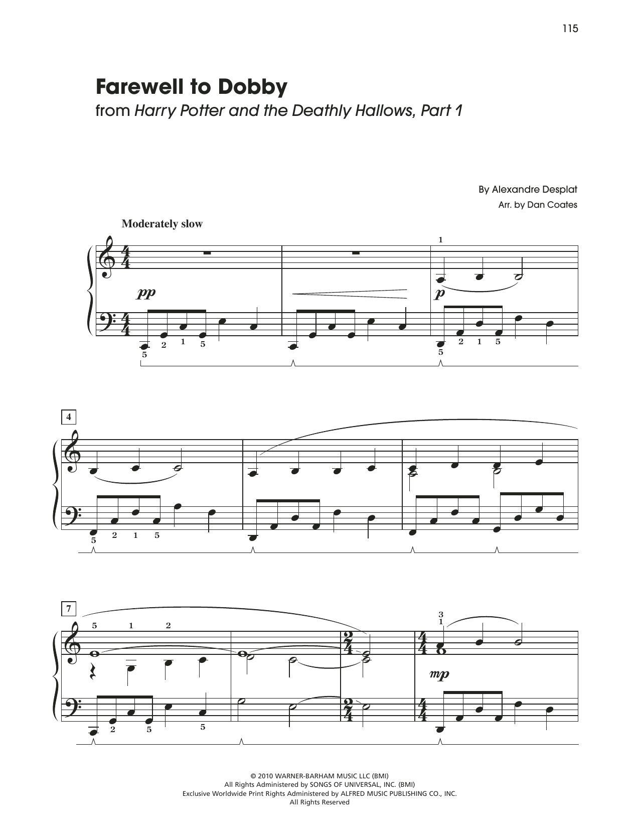 Alexandre Desplat Farewell To Dobby (from Harry Potter And The Deathly Gallows, Pt. 1) (arr. Dan Coates) Sheet Music Notes & Chords for Easy Piano - Download or Print PDF