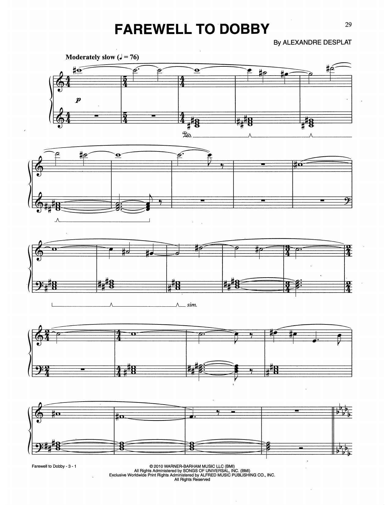 Alexandre Desplat Farewell To Dobby (from Harry Potter And The Deathly Gallows, Pt. 1) Sheet Music Notes & Chords for Piano Solo - Download or Print PDF