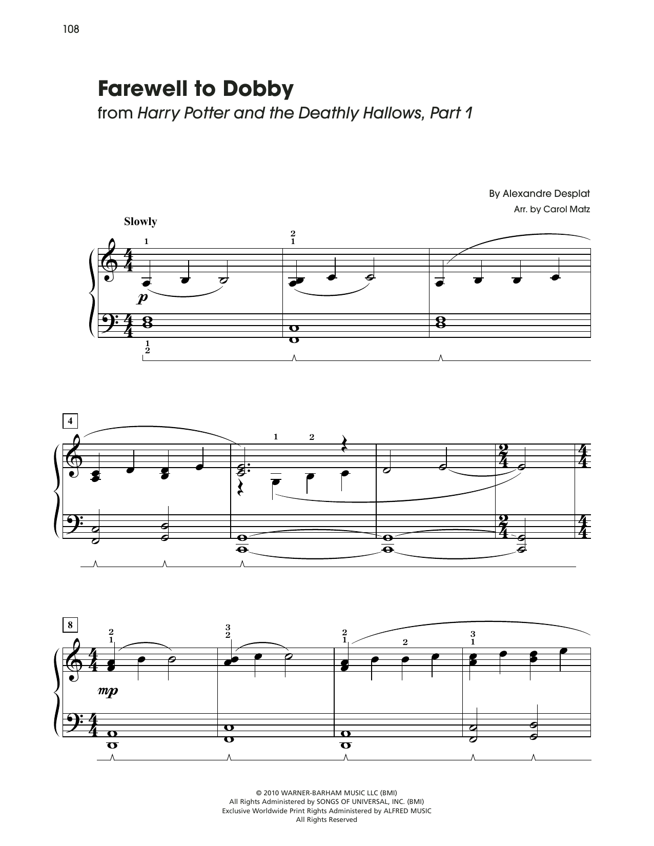 Alexandre Desplat Farewell To Dobby (from Harry Potter) (arr. Carol Matz) Sheet Music Notes & Chords for Big Note Piano - Download or Print PDF