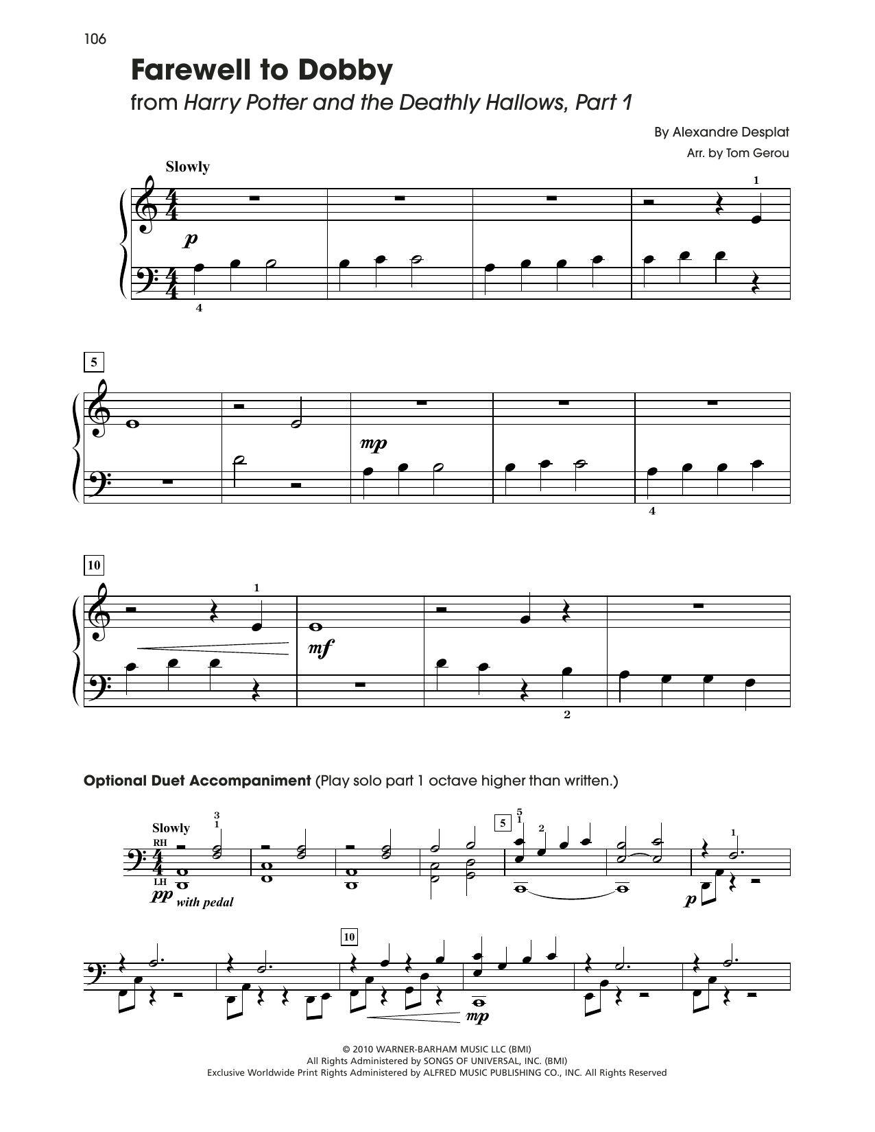 Alexandre Desplat Farewell To Dobby (from Harry Potter) (arr. Tom Gerou) Sheet Music Notes & Chords for 5-Finger Piano - Download or Print PDF