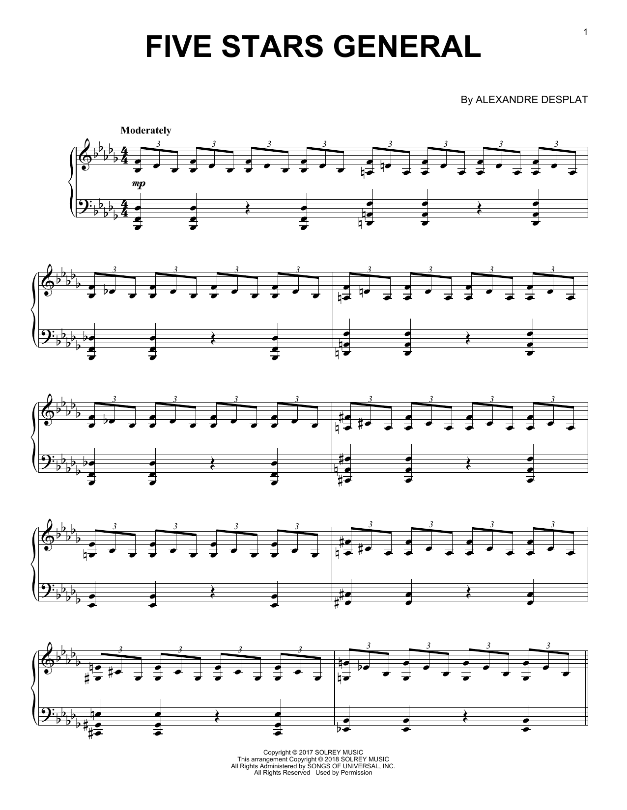 Alexandre Desplat Five Stars General Sheet Music Notes & Chords for Piano - Download or Print PDF
