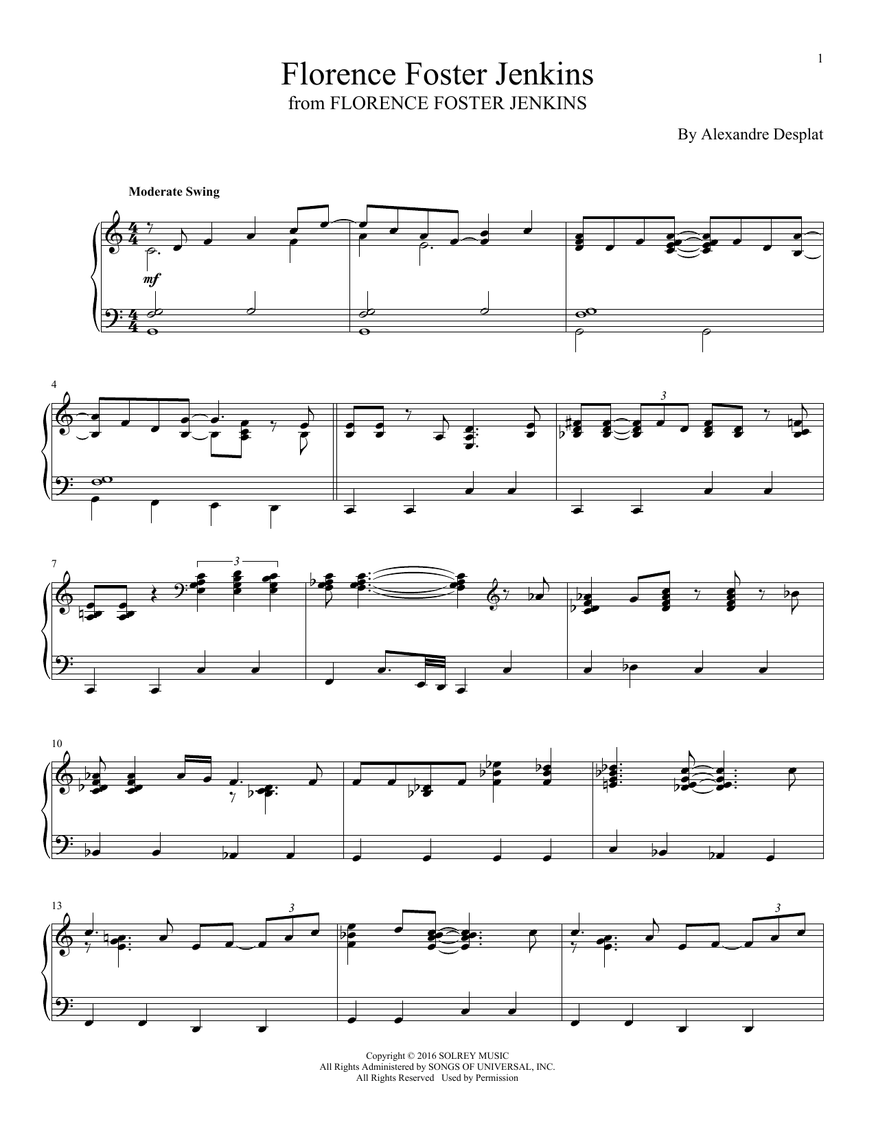 Alexandre Desplat Florence Foster Jenkins Sheet Music Notes & Chords for Piano - Download or Print PDF