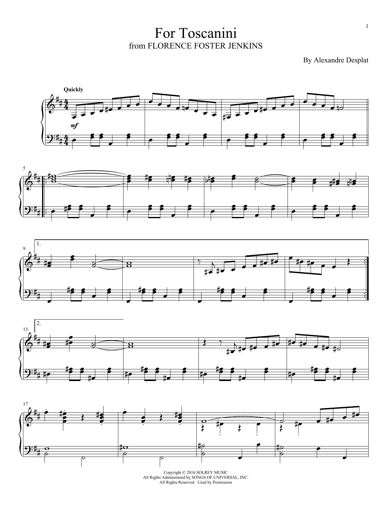 Alexandre Desplat For Toscanini Sheet Music Notes & Chords for Piano - Download or Print PDF