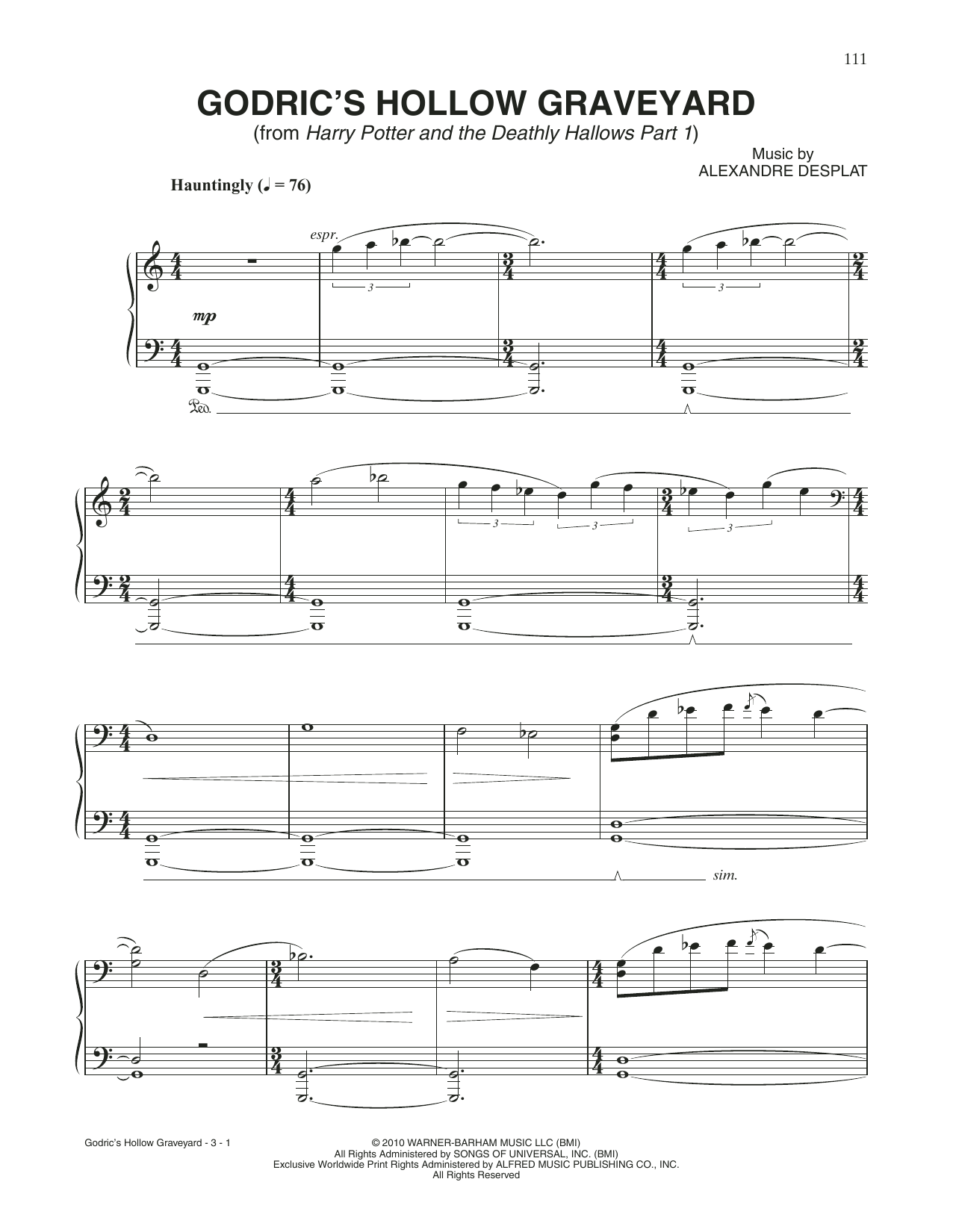 Alexandre Desplat Godric's Hollow Graveyard (from Harry Potter And The Deathly Gallows, Pt. 1) Sheet Music Notes & Chords for Piano Solo - Download or Print PDF