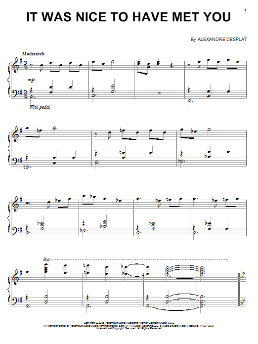 Alexandre Desplat It Was Nice To Have Met You Sheet Music Notes & Chords for Piano - Download or Print PDF