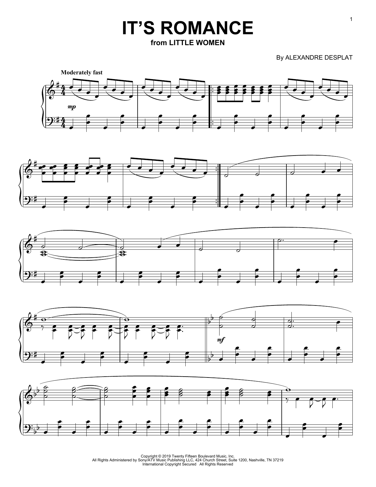 Alexandre Desplat It's Romance (from the Motion Picture Little Women) Sheet Music Notes & Chords for Piano Solo - Download or Print PDF