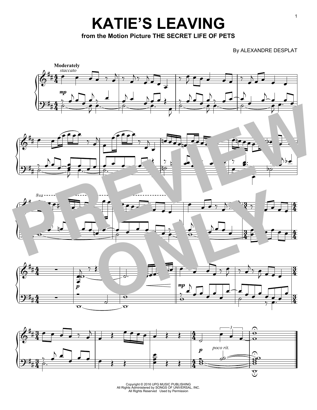 Alexandre Desplat Katie's Leaving Sheet Music Notes & Chords for Piano - Download or Print PDF