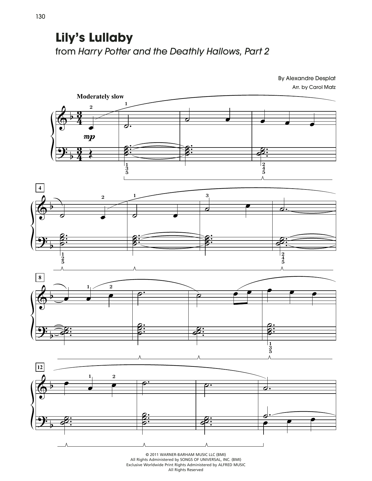 Alexandre Desplat Lily's Lullaby (from Harry Potter) (arr. Carol Matz) Sheet Music Notes & Chords for Big Note Piano - Download or Print PDF