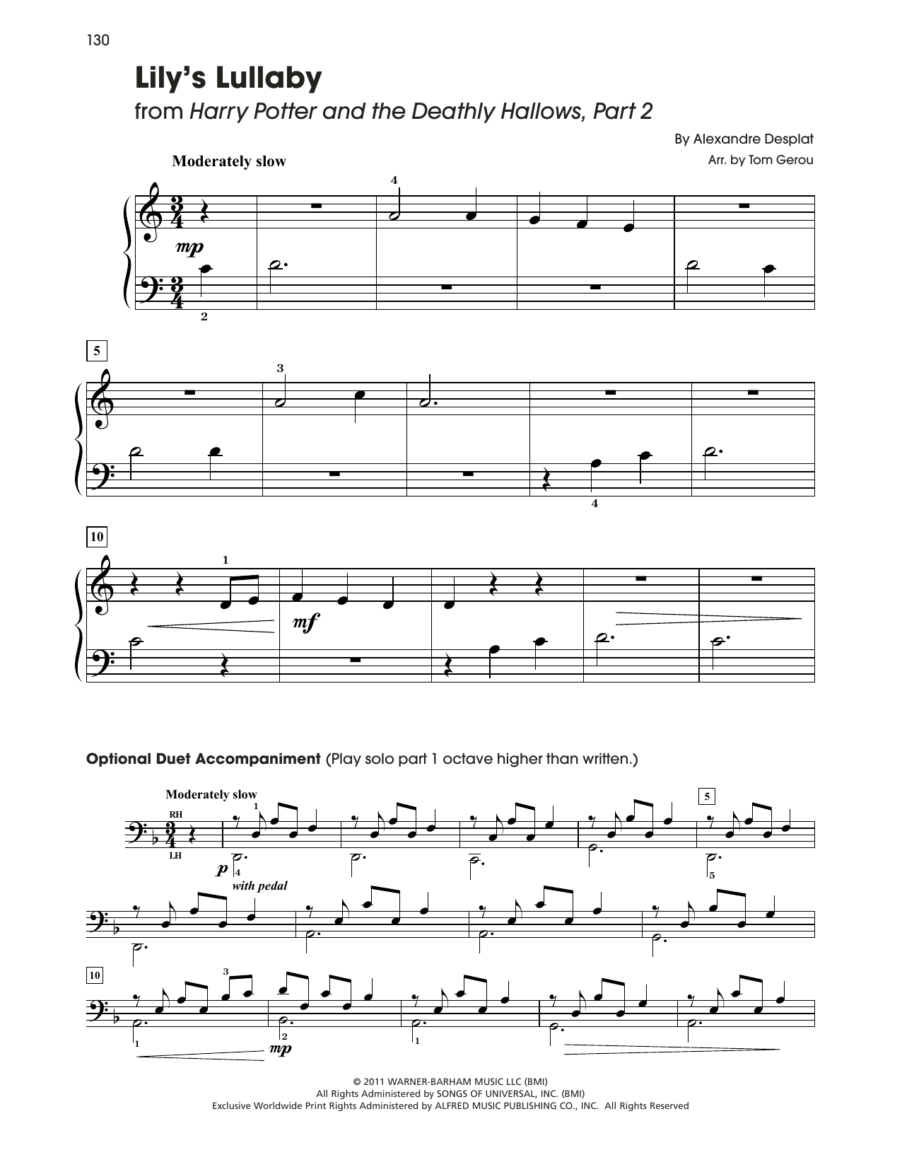 Alexandre Desplat Lily's Lullaby (from Harry Potter) (arr. Tom Gerou) Sheet Music Notes & Chords for 5-Finger Piano - Download or Print PDF