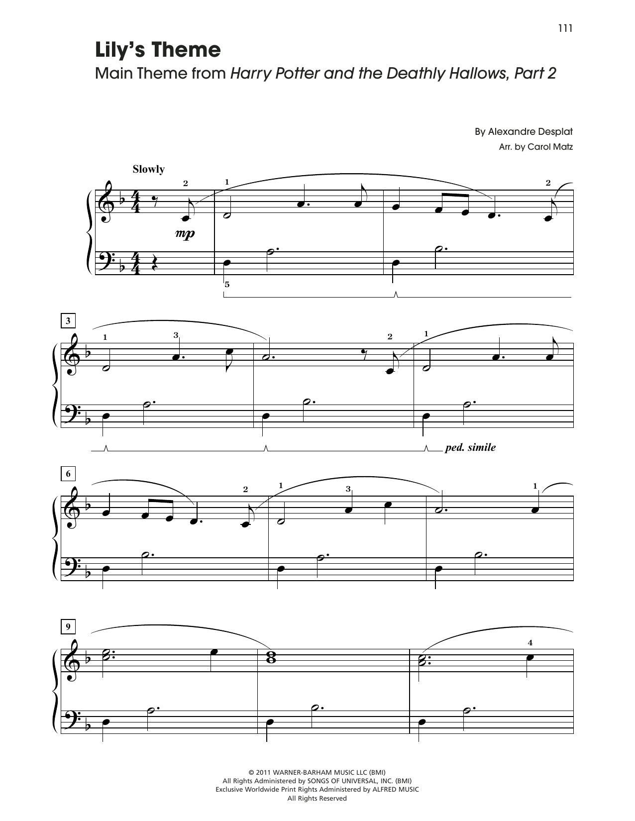 Alexandre Desplat Lily's Theme (from Harry Potter And The Deathly Hallows, Pt. 2) Sheet Music Notes & Chords for Big Note Piano - Download or Print PDF