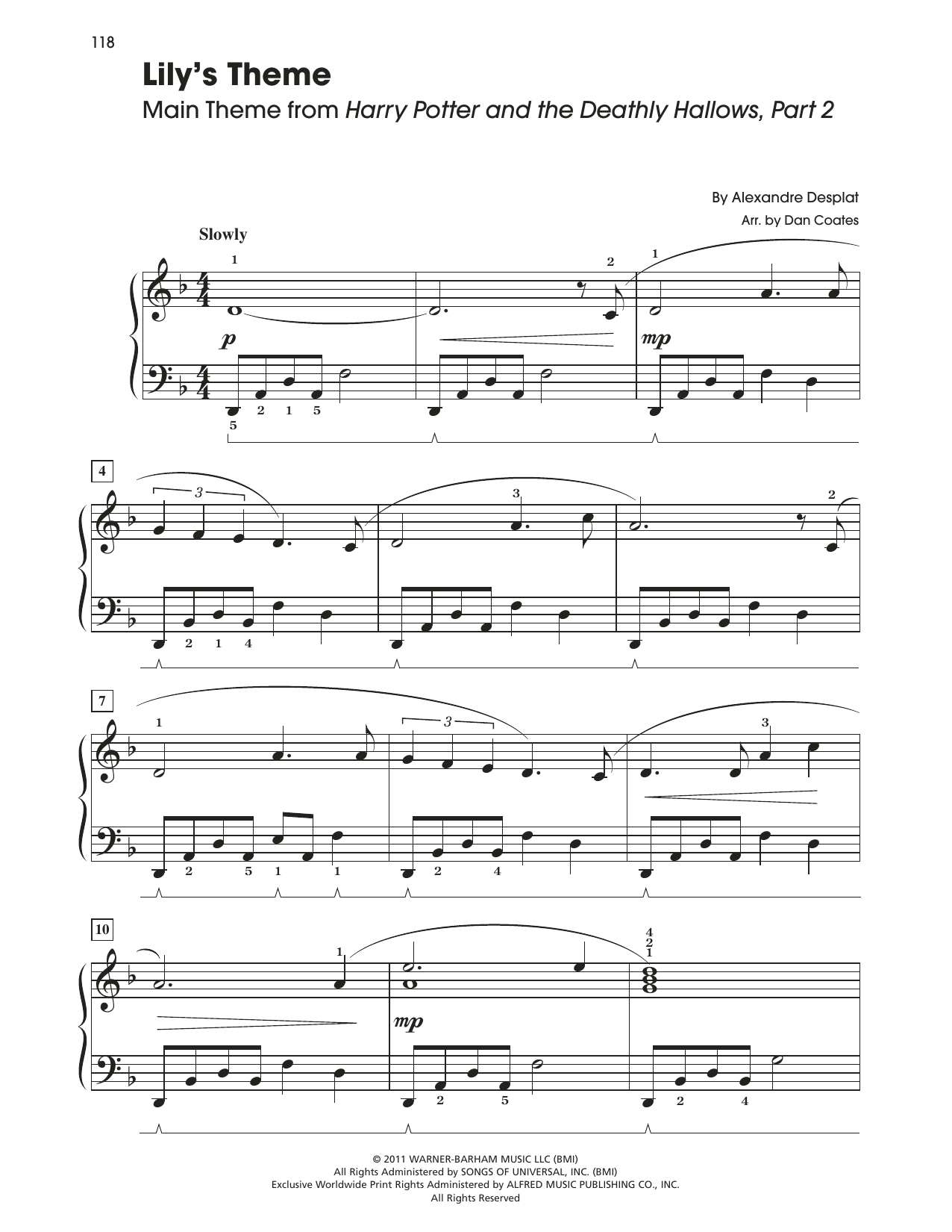 Alexandre Desplat Lily's Theme (from Harry Potter And The Deathly Hallows, Pt. 2) Sheet Music Notes & Chords for Easy Piano - Download or Print PDF