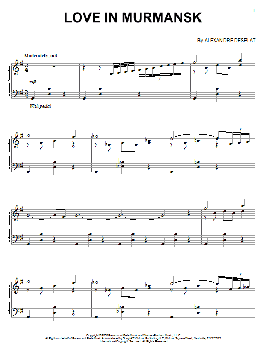 Alexandre Desplat Love In Murmansk Sheet Music Notes & Chords for Piano - Download or Print PDF