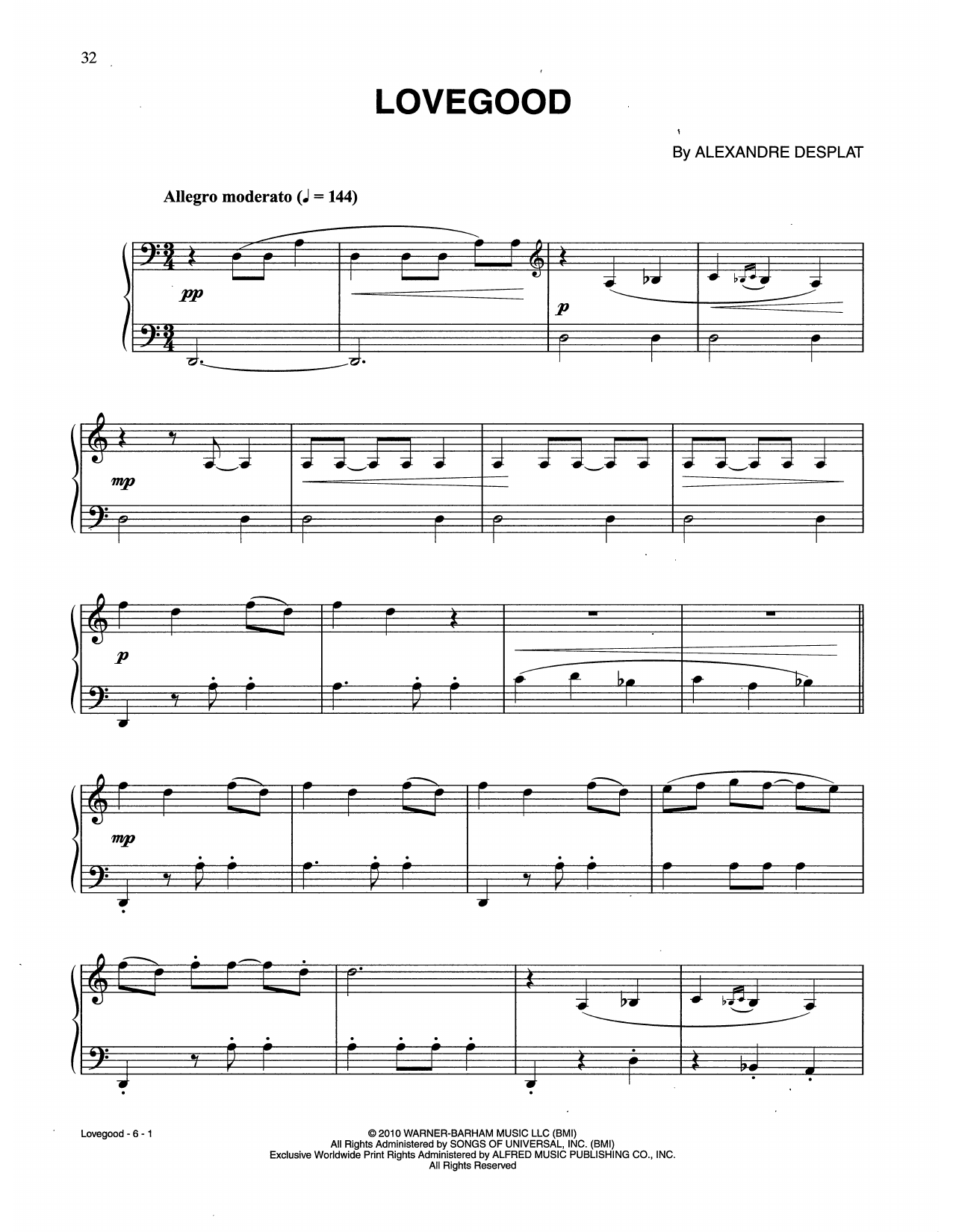 Alexandre Desplat Lovegood (from Harry Potter And The Deathly Gallows, Pt. 1) Sheet Music Notes & Chords for Piano Solo - Download or Print PDF