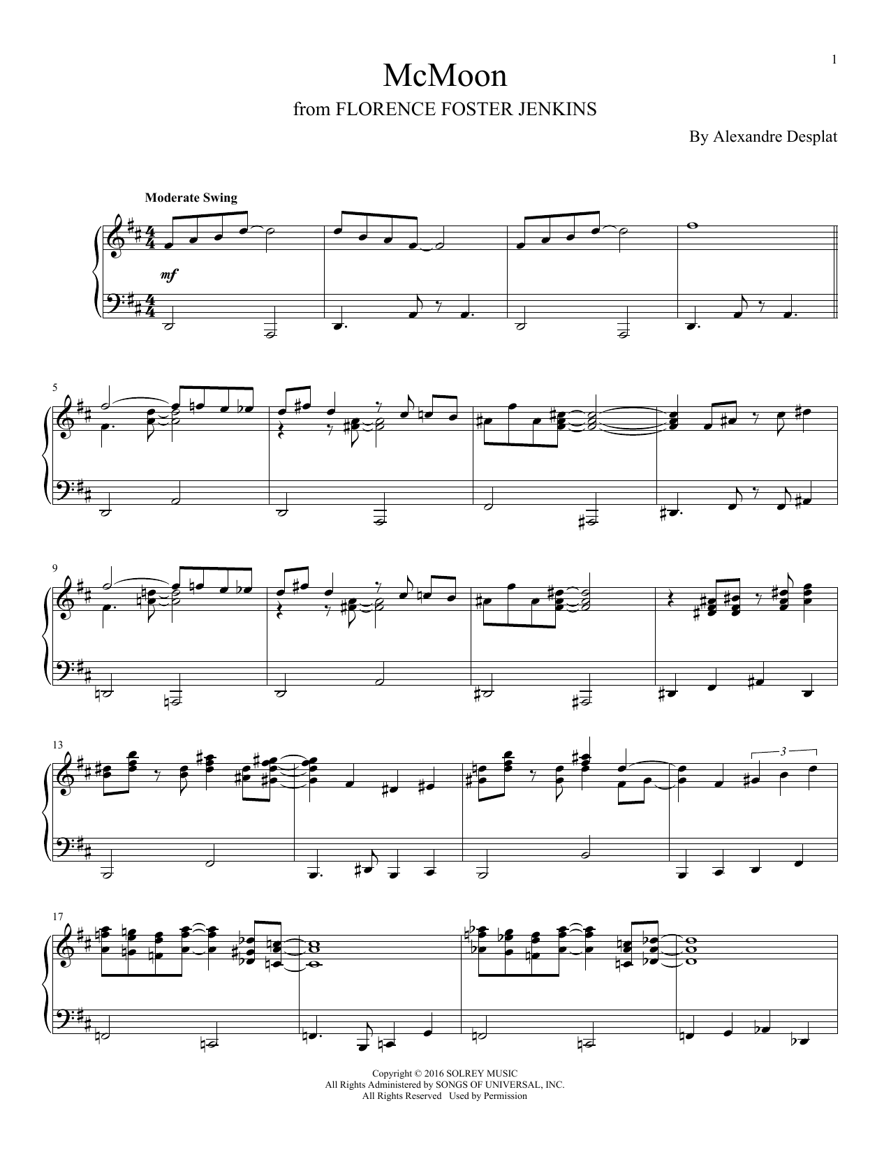 Alexandre Desplat McMoon Sheet Music Notes & Chords for Piano - Download or Print PDF