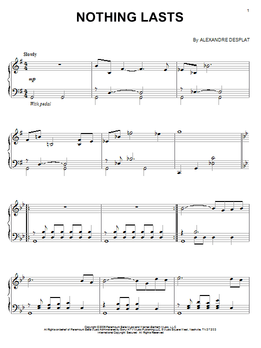 Alexandre Desplat Nothing Lasts Sheet Music Notes & Chords for Piano - Download or Print PDF