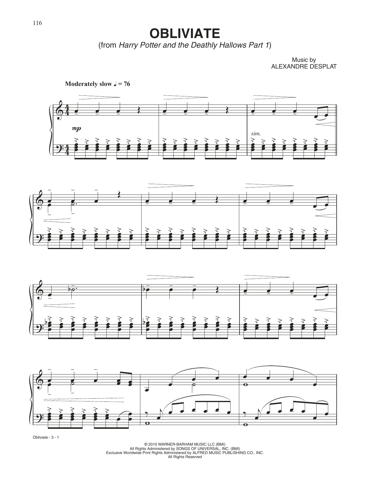 Alexandre Desplat Obliviate (from Harry Potter And The Deathly Hallows, Pt. 1) Sheet Music Notes & Chords for Piano Solo - Download or Print PDF