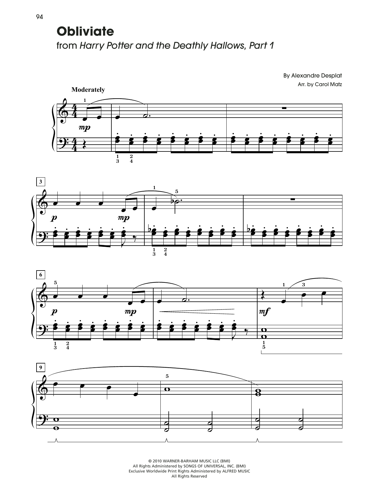 Alexandre Desplat Obliviate (from Harry Potter) (arr. Carol Matz) Sheet Music Notes & Chords for Big Note Piano - Download or Print PDF