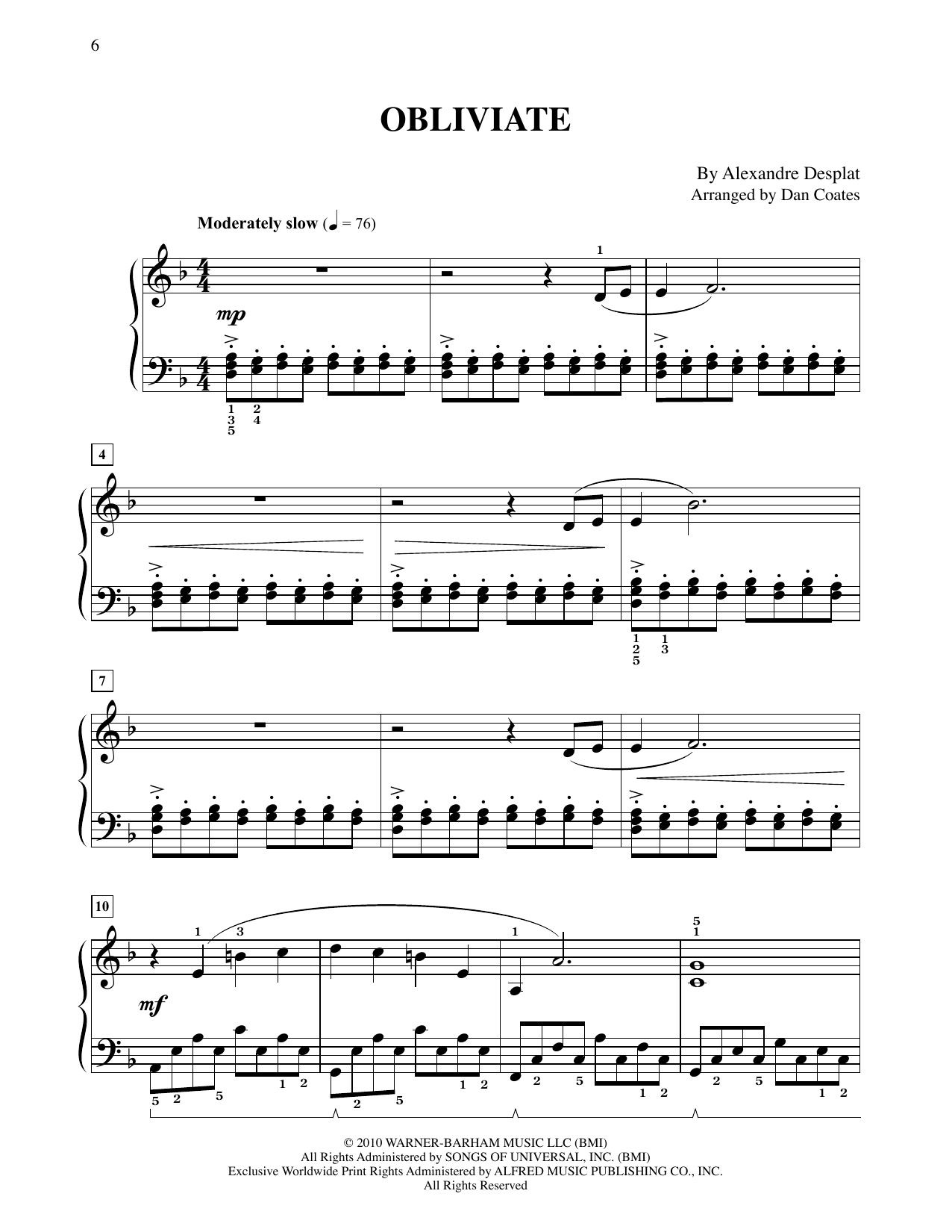 Alexandre Desplat Obliviate (from Harry Potter) (arr. Dan Coates) Sheet Music Notes & Chords for Easy Piano - Download or Print PDF