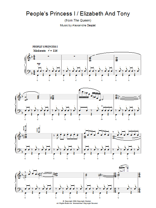 Alexandre Desplat People's Princess I/Elizabeth & Tony (from The Queen) Sheet Music Notes & Chords for Piano - Download or Print PDF