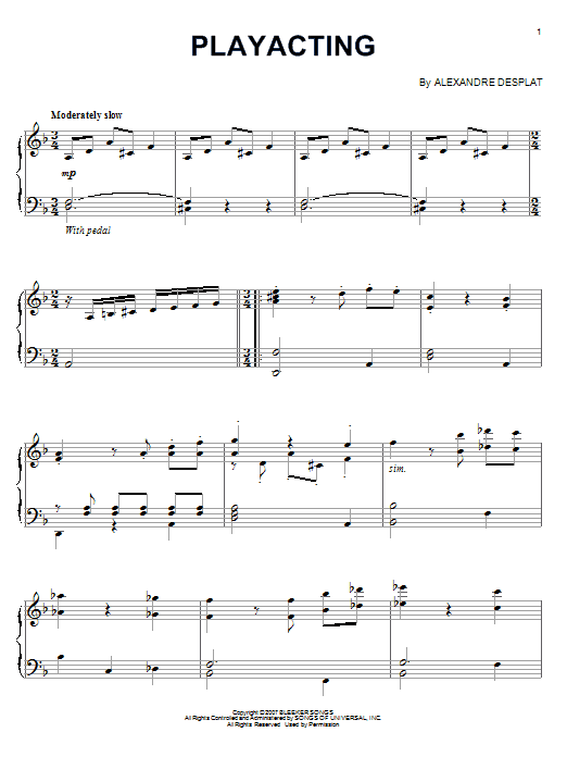 Alexandre Desplat Playacting Sheet Music Notes & Chords for Piano Solo - Download or Print PDF