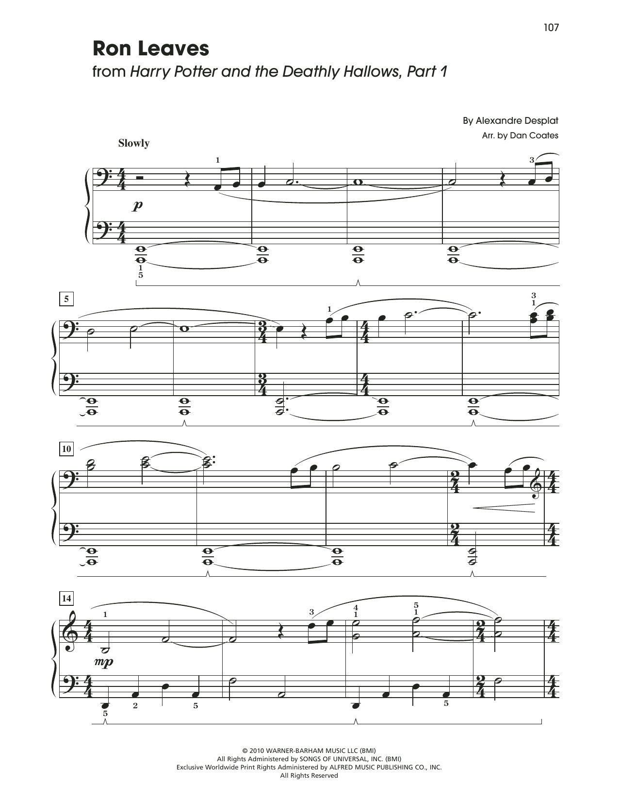 Alexandre Desplat Ron Leaves (from Harry Potter And The Deathly Gallows, Pt. 1) (arr. Dan Coates) Sheet Music Notes & Chords for Easy Piano - Download or Print PDF